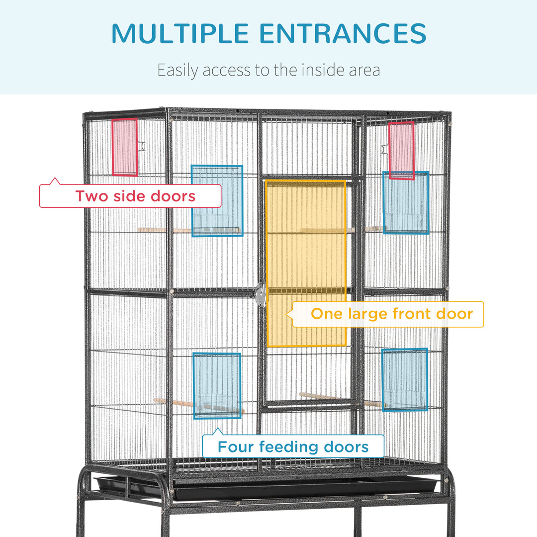 PawHut Bird Cage Metal Canary Cages for Parakeet with Detachable Rolling Stand, Storage Shelf, Wood Perch, Food Container