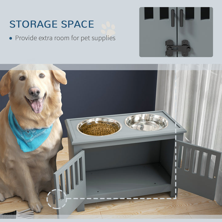 Raised Dog Bowls & Pet Feeding Station, Storage Cabinet-Grey