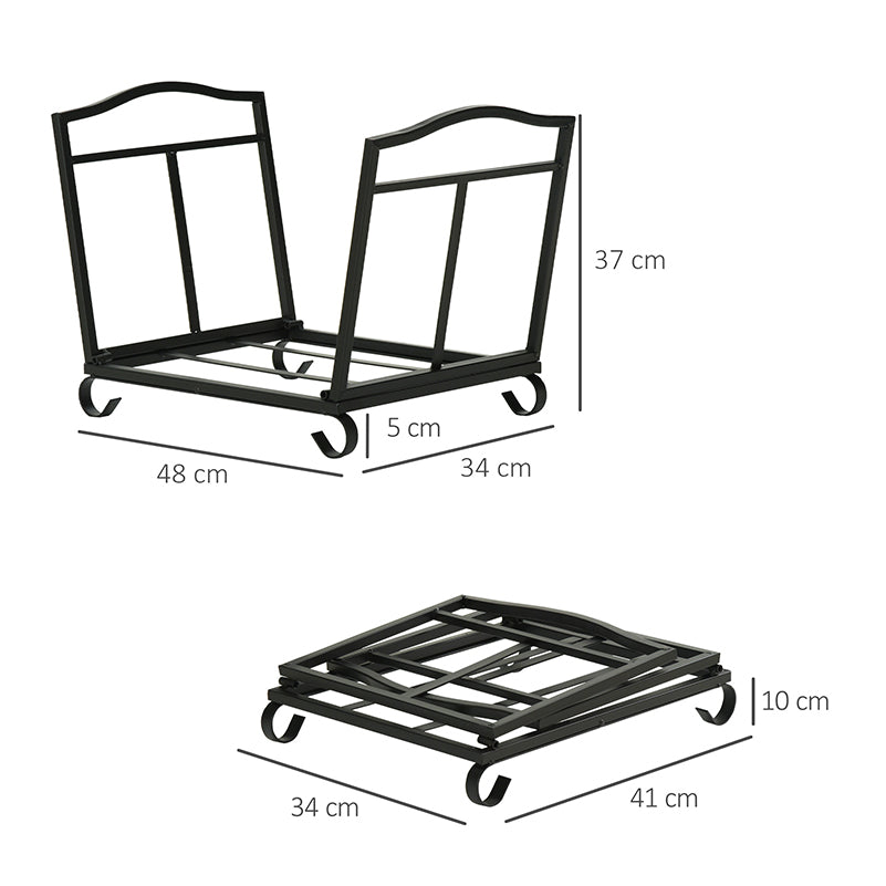 Outsunny Firewood Log Rack Fireplace Log Holder Wood Storage Rack with Scrolls, Foldable Design, for Outdoor and Indoor Use, 48 x 34 x 37cm, Black