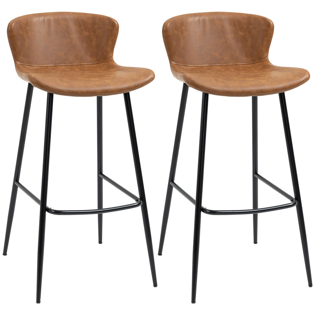 Bar Stools Set of 2, PU Leather Upholstered Bar Chairs, Kitchen Stools with Backs and Steel Legs for Dining Room, Brown