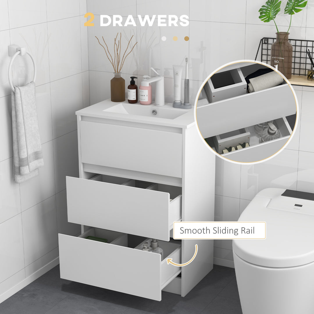 600mm Bathroom Vanity Unit with Basin and Single Tap Hole, High Gloss White Floor Standing Bathroom Sink Unit with 2 Drawers