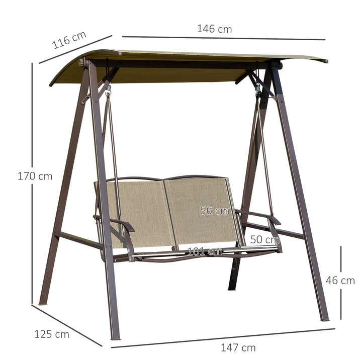 2 Seater Garden Swing Chair, Outdoor Canopy Swing Bench with Adjustable Shade and Metal Frame, Brown