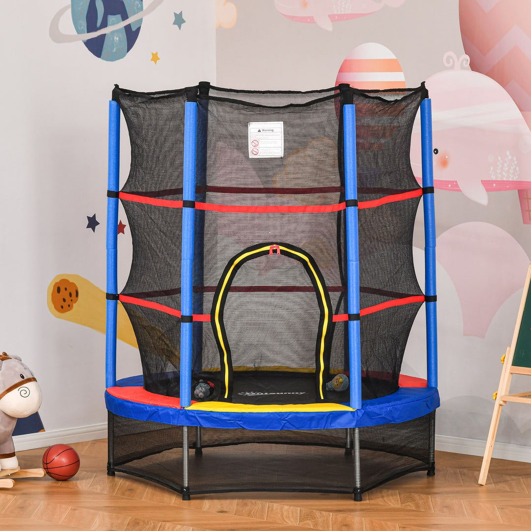 HOMCOM 5.2FT/63 Inch Kids Trampoline with Enclosure Net Steel Frame Indoor Round Bouncer Rebounder Age 3 to 6 Years Old Multi-color