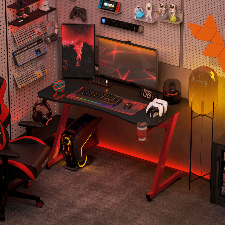 Gaming Desk Steel Frame w/ Cup Headphone Holder Adjustable Feet Cable Organiser Home Office Computer Table Red