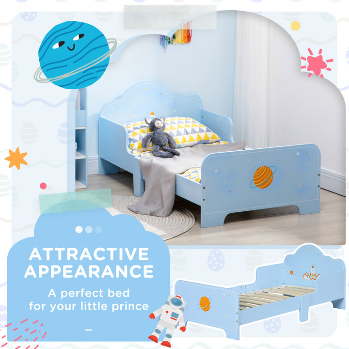 Toddler Bed Kids Bedroom Furniture with Rocket & Plants Patterns Safety Side Rails Slats, Blue