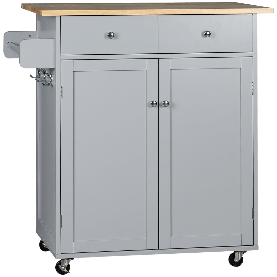 Rolling Kitchen Island on Wheels, Utility Serving Cart with Rubber Wood Top, Towel Rack, Hooks and Storage Drawers, Grey