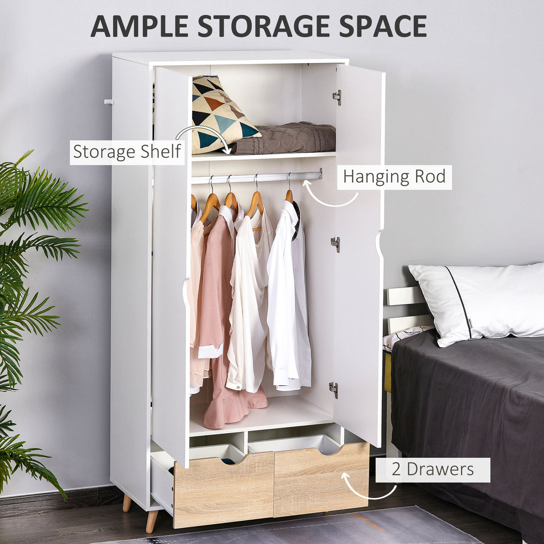 HOMCOM 2-Door Clothes Wardrobe w/ Rail Shelf 2 Drawers Wood Feet Elegant Home Storage Organisation Furniture Dresses Coats Blankets Shoes White