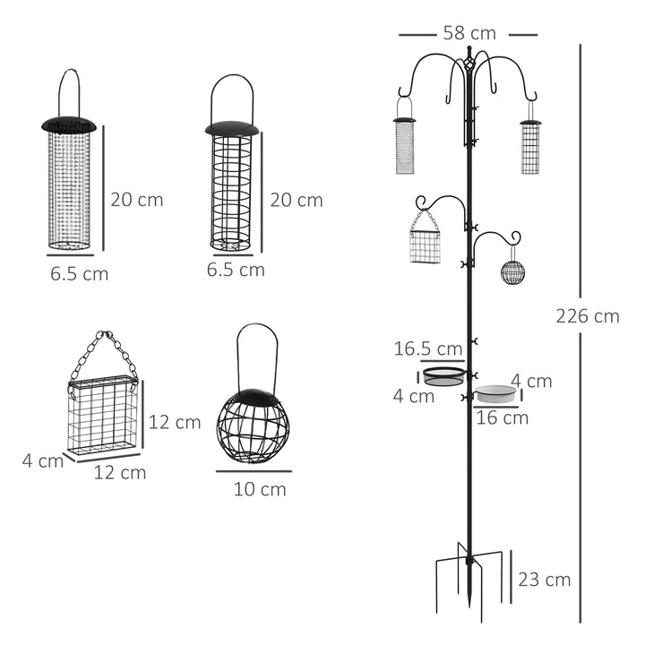 Pawhut Bird Feeding Station Kit, Wild Bird Feeder Pole with 6 Hooks, 4 Hanging Feeders for Peanuts, Seed, Fat Balls, for Garden, Outdoor, Black