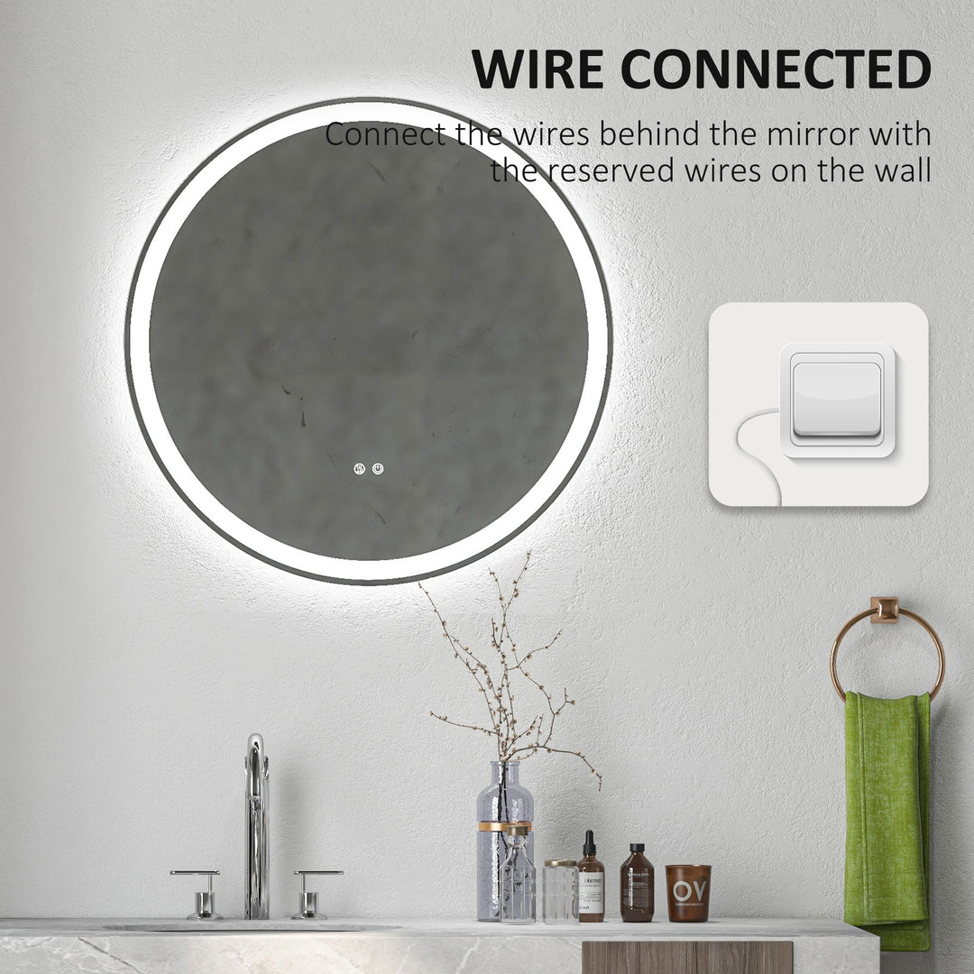 Kleankin Round Bathroom Mirror with LED Lights, 3 Temperature Colours, Defogging Film, Aluminium Frame, Hardwired, 60 x 60 cm