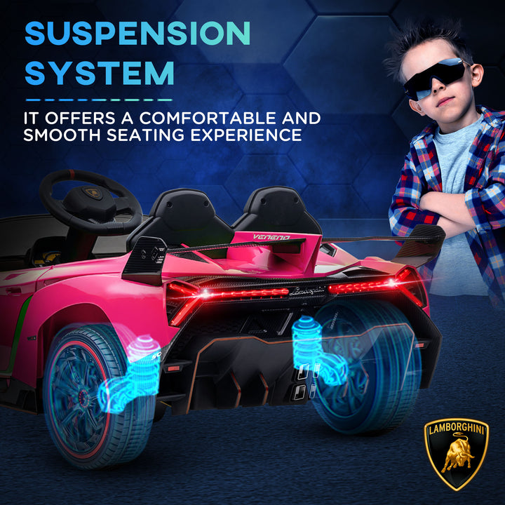 Lamborghini Veneno Licensed 12V Kids Electric Ride on Car with Butterfly Doors, Portable Battery, Powered Electric Car with Bluetooth, Remote, Music, Horn, Suspension, for 3-6 Years - Pink