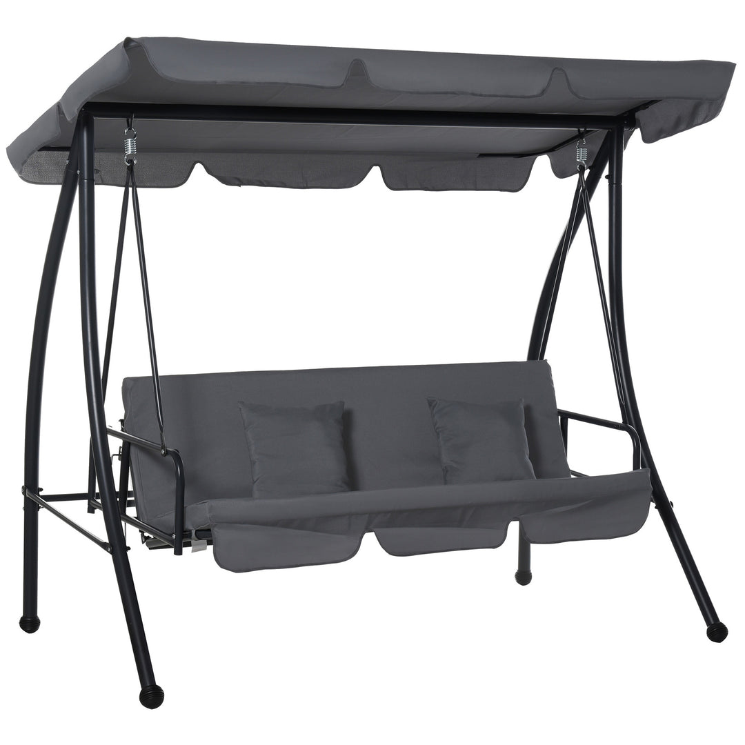 Outsunny 2-in-1 Patio Swing Chair Lounger 3 Seater Garden Swing Seat w/ Convertible Tilt Canopy and Cushion, Dark Grey