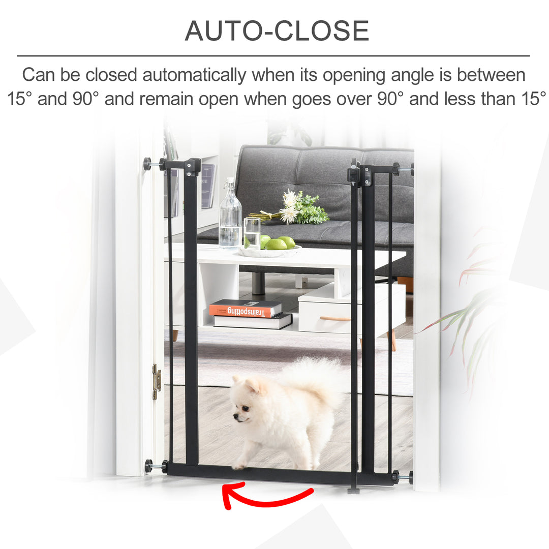 PawHut 74-84cm Adjustable Metal Pet Gate Safety Barrier w/ Auto-Close Door Double Locking Easy-Open Doors Stairs Home Frames Black