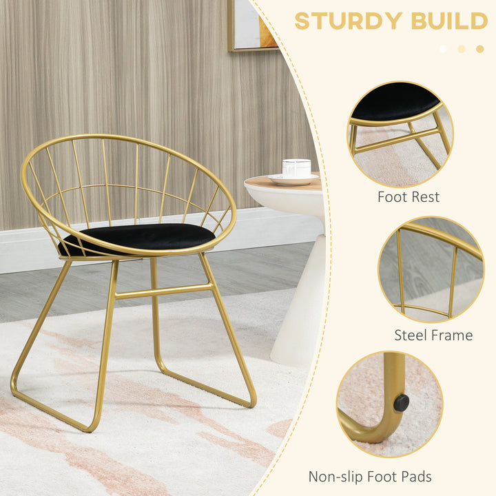 Modern Dining Chairs Set of 2, Metal Wire Kitchen Chair with Velvet-feel Cushion, Round Back and Steel Frame for Living Room, Bedroom, Gold