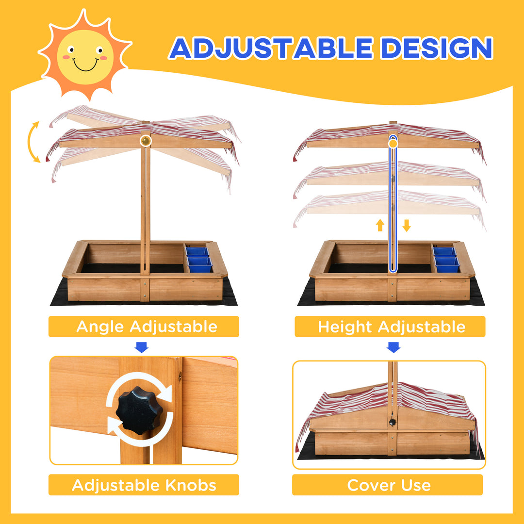 Kids Wooden Sandbox, Children Sand Play Station Outdoor with Adjustable Height Cover, Bottom Liner, Seat, Plastic Basins, Aged 3-7 Years Old