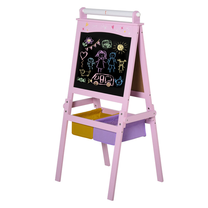 3 In 1 Kids Wooden Art Easel with Paper Roll Double-Sided Chalkboard & Whiteboard with Storage Baskets Gift for Toddler Girl Age 3 Years+ Pink