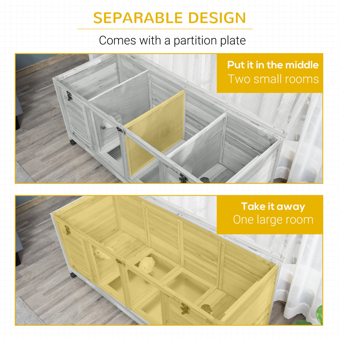 PawHut Wooden Rabbit Hutch, Mobile Guinea Pig Cage, Separable Bunny Run, Small Animal House with Wheels, Slide-out Tray, 138 x 53 x 61cm, Light Grey
