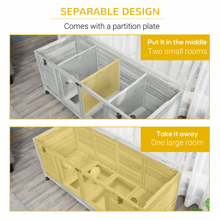 PawHut Wooden Rabbit Hutch, Mobile Guinea Pig Cage, Separable Bunny Run, Small Animal House with Wheels, Slide-out Tray, 138 x 53 x 61cm, Light Grey