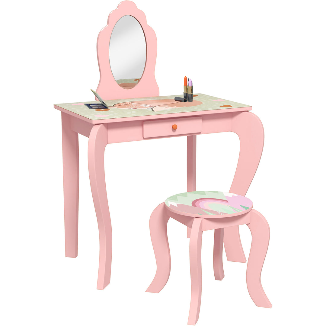 Kids Dressing Table with Mirror and Stool, Girls Vanity Table Makeup Desk with Drawer for 3-6 Years - Pink