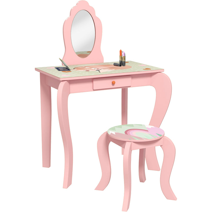 Kids Dressing Table with Mirror and Stool, Girls Vanity Table Makeup Desk with Drawer for 3-6 Years - Pink