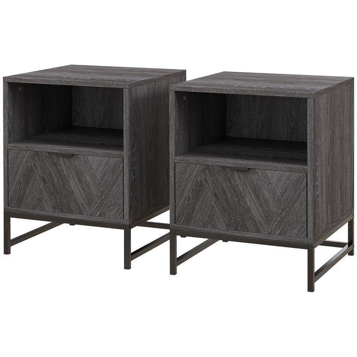 Bedside Table with Drawer and Shelf, Side End Table with Steel Legs for Living Room, Bedroom, Set of 2, Dark Grey