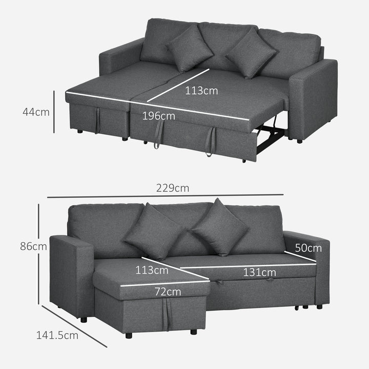 3 Seater Corner Sofa Bed with Storage, L Couches for Living Room with Chaise Lounge, Double Sofa, Grey