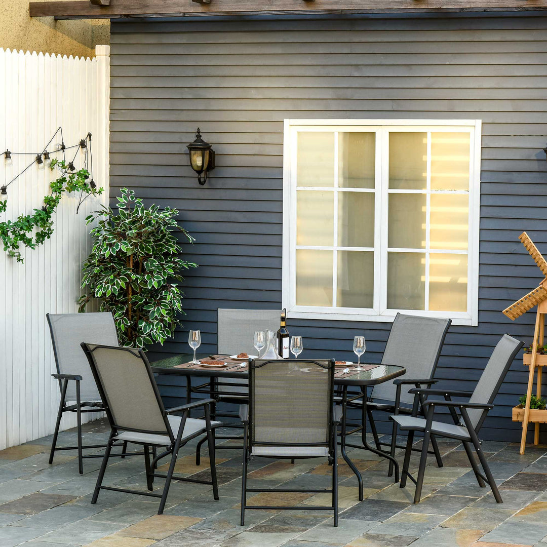 Garden Patio Outdoor 7pcs Classic Outdoor Steel Frames Dining Set w/ 6 Folding Chairs, Glass Top Table, Texteline Seats,Black &amp; Grey Cushion