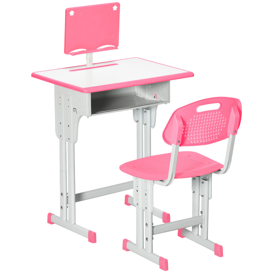 HOMCOM Kids Desk and Chair Set, Height Adjustable Study Table Set with Storage Drawer, Book Stand, Cup Holder, Pen Slot, Pink