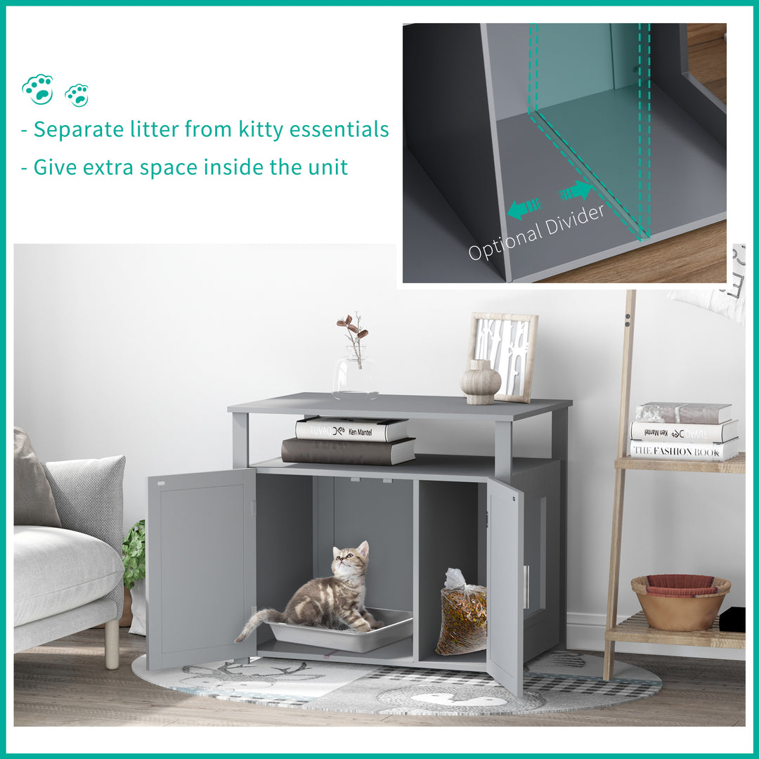 Wooden Cat Litter Box Enclosure Furniture with Adjustable Interior Wall & Large Tabletop for Nightstand, Grey