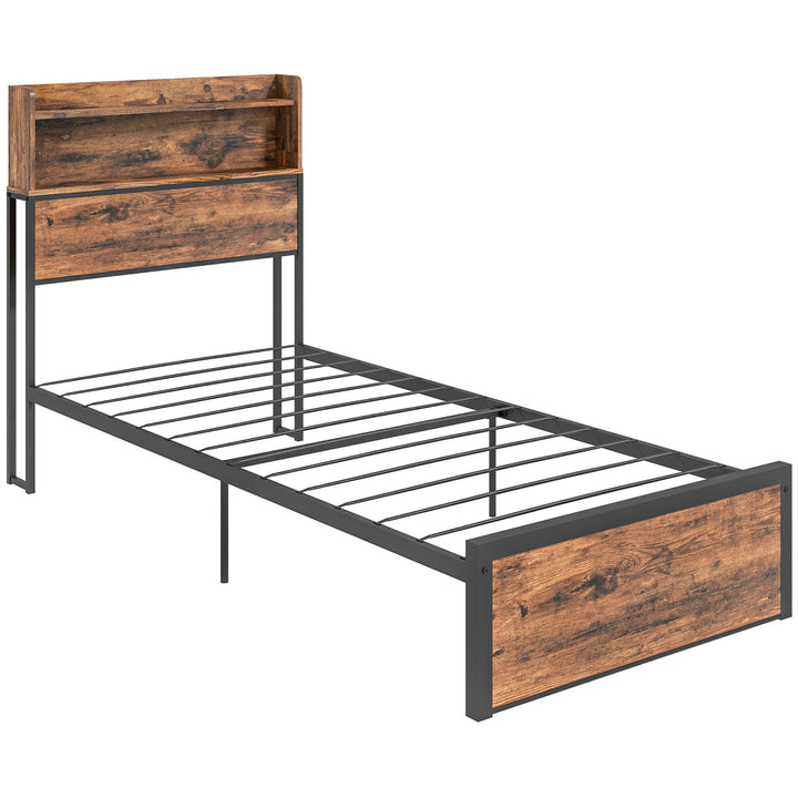 Industrial Single Bed Frame, 3.1FT Steel Bed Base with Storage Headboard, Footboard, Slatted Support and Under Bed Storage, 95 x 209cm, Rustic Brown