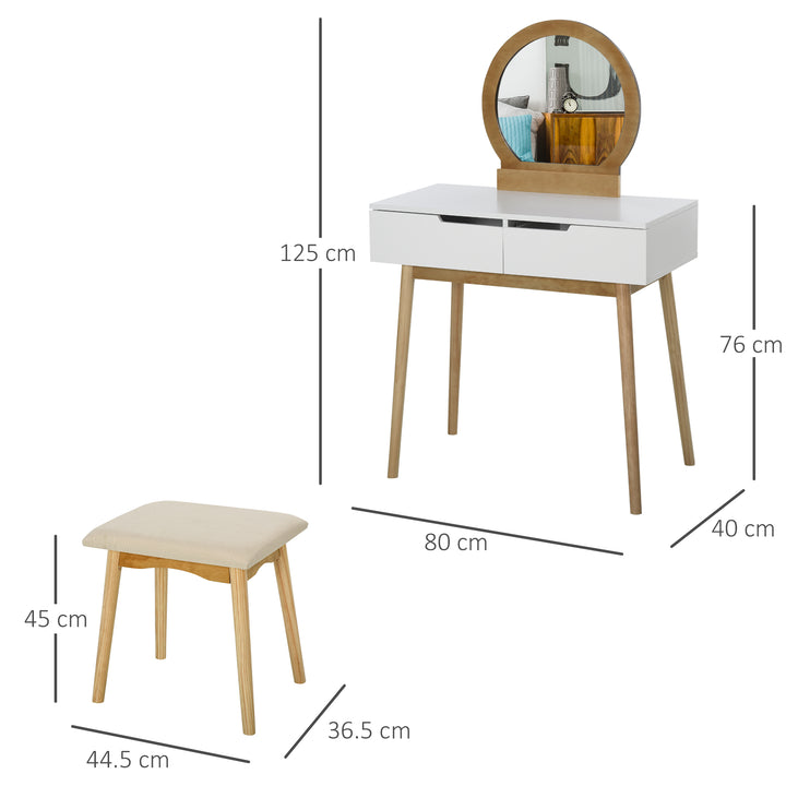 Dressing Table &amp; Stool Set w/ Drawers Mirror Modern Elegant Vanity Makeup Padded Seat Home Bedroom Beauty Furniture Natural Brown