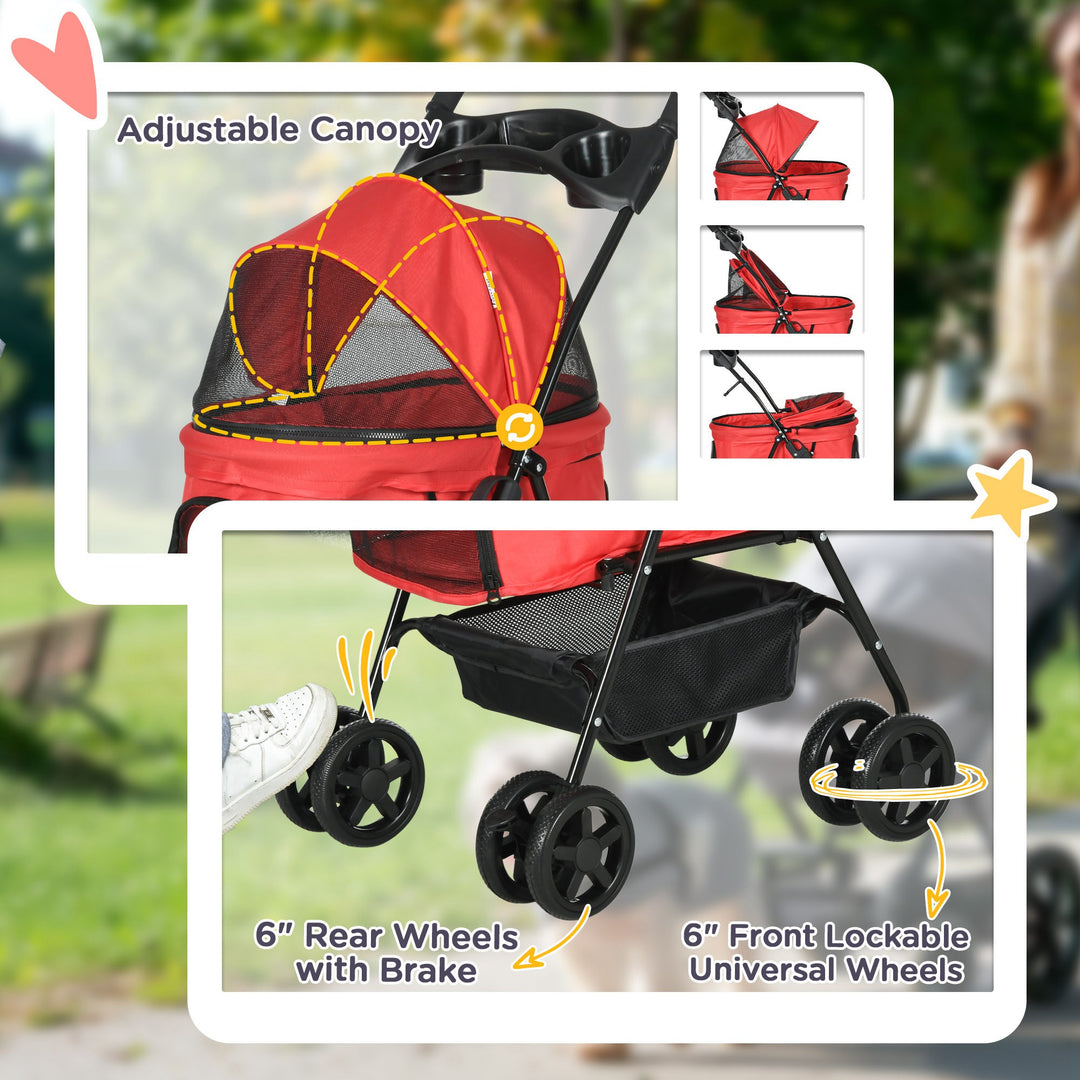 PawHut Pet Stroller No-Zip Dog Cat Travel Pushchair Fold Trolley Jogger with EVA Wheels Brake Basket Adjustable Canopy Safety Leash Red