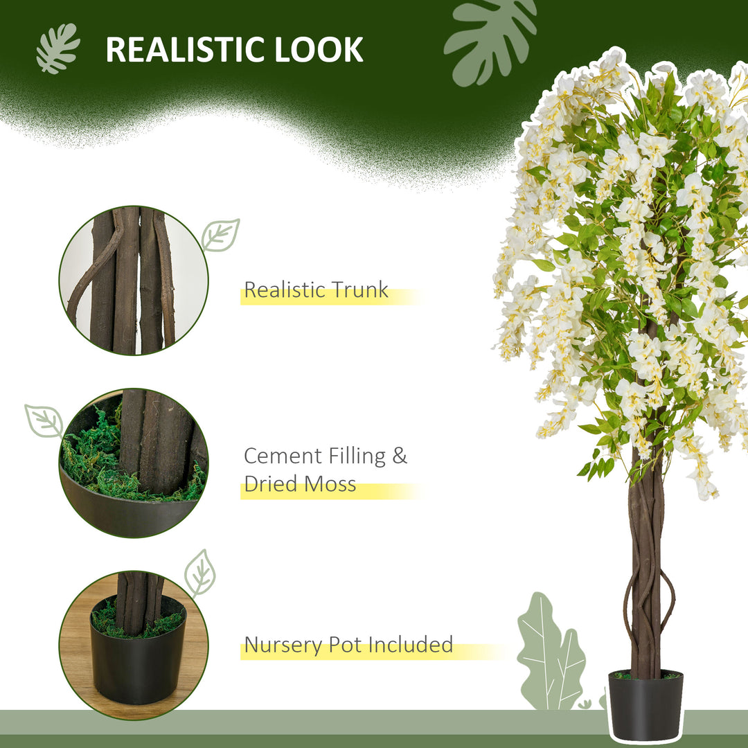 Artificial Realistic White Wisteria Tree Faux Decorative Plant in Nursery Pot for Indoor Outdoor Décor, 160cm