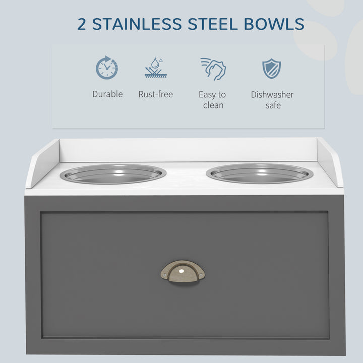 Stainless Steel Raised Dog Bowls w/ Storage Drawer-Grey