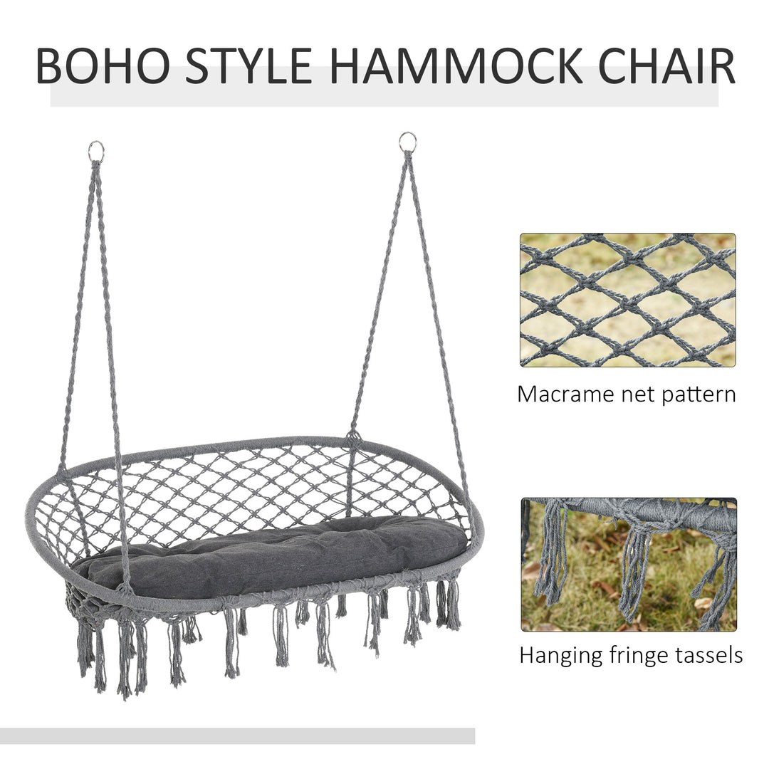 Hanging Hammock Chair Cotton Rope Porch Swing with Metal Frame and Cushion, Large Macrame Seat for Garden, Bedroom, Living Room, Dark Grey