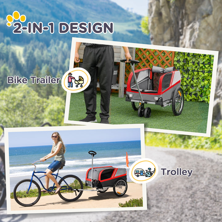 PawHut Dog Bike Trailer Two-In-One Trolley Stroller Cart Bicycle Carrier for Cat Puppy Travel w/ Reflectors Red Flag – Red