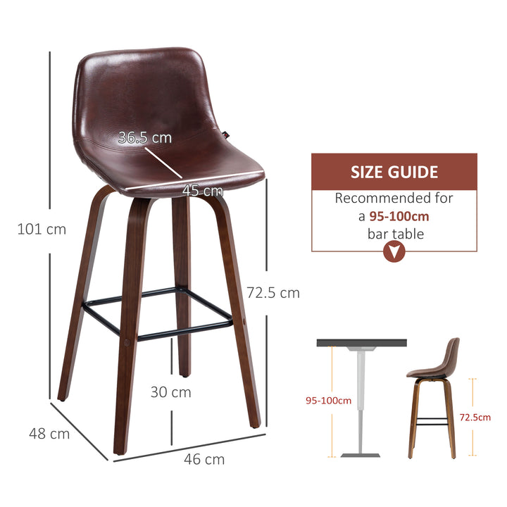 HOMCOM Bar Stools Set of 2, Breakfast Bar Chairs, PU Leather Upholstered Kitchen Stools w/ Backs, Wood Legs for 89-99cm Bar Table, Brown
