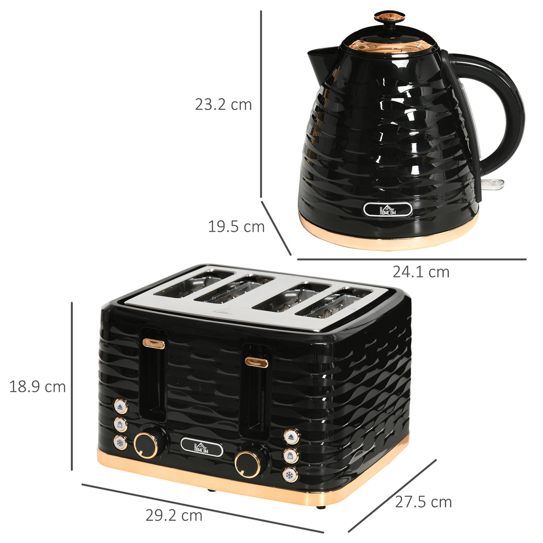 Kettle and Toaster Sets, 1600W 1.7L Rapid Boil Kettle & 4 Slice Toaster w/7 Browning Controls Defrost Reheat Crumb Tray Otter thermostat Black