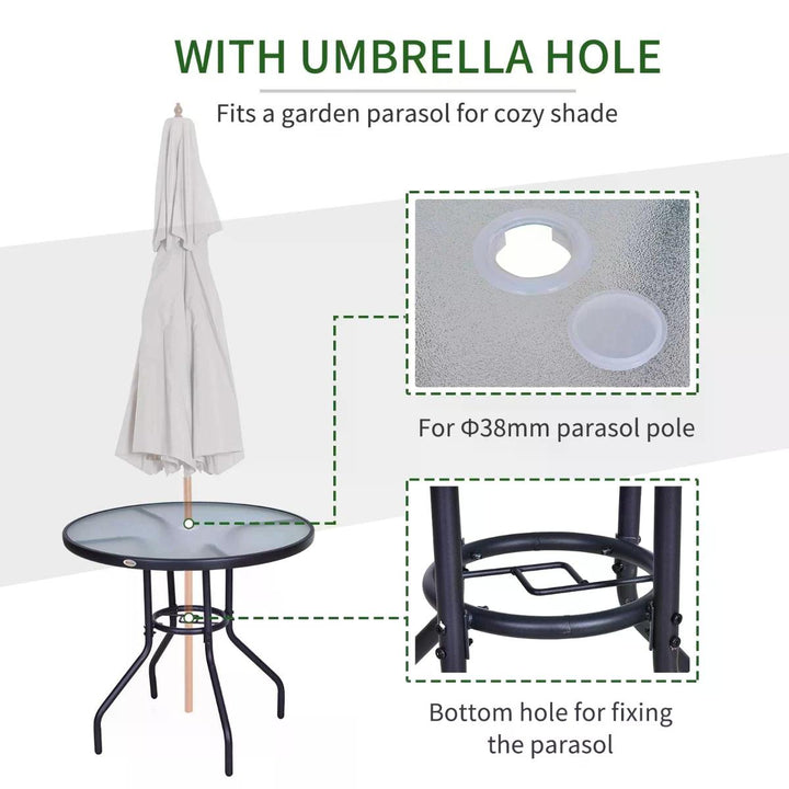 Outdoor Round Dining Table Tempered Glass Top Steel Garden Table w/ Parasol Hole 80cm