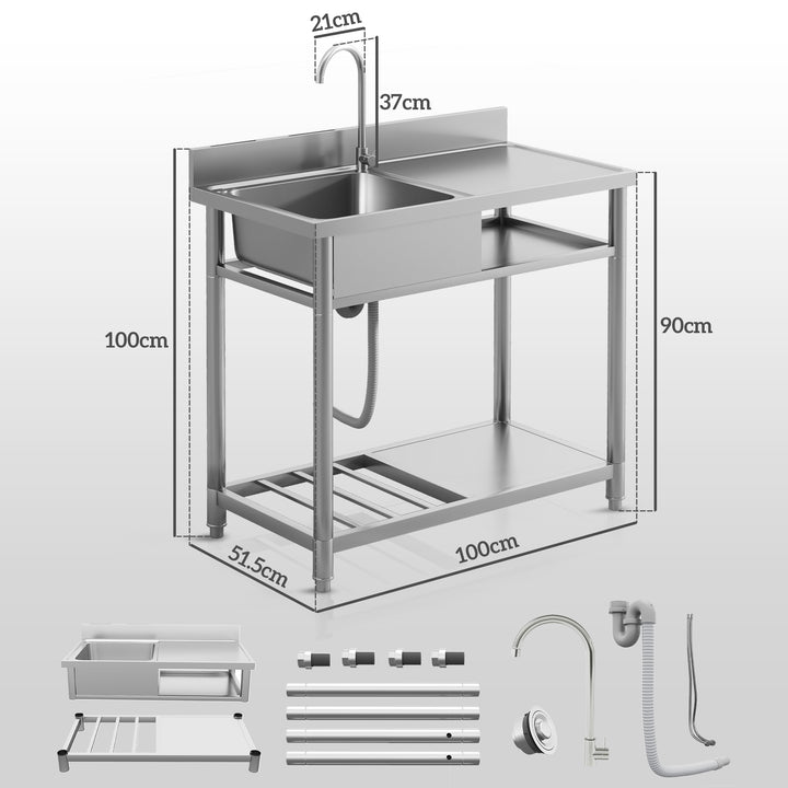 Outdoor Stainless Steel Kitchen Sink, Freestanding Sink Single Bowl with Cold and Hot Water Pipe and Storage Shelves