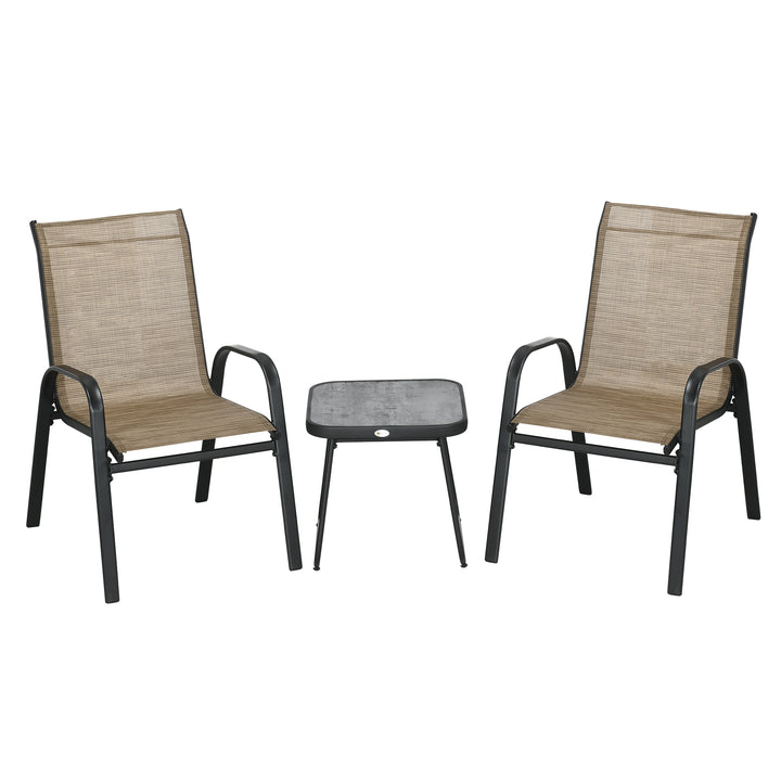 3 Pieces Outdoor Bistro Set, Patio Stackable Armchairs with Breathable Mesh Fabric and PSC Board Coffee Table, Brown