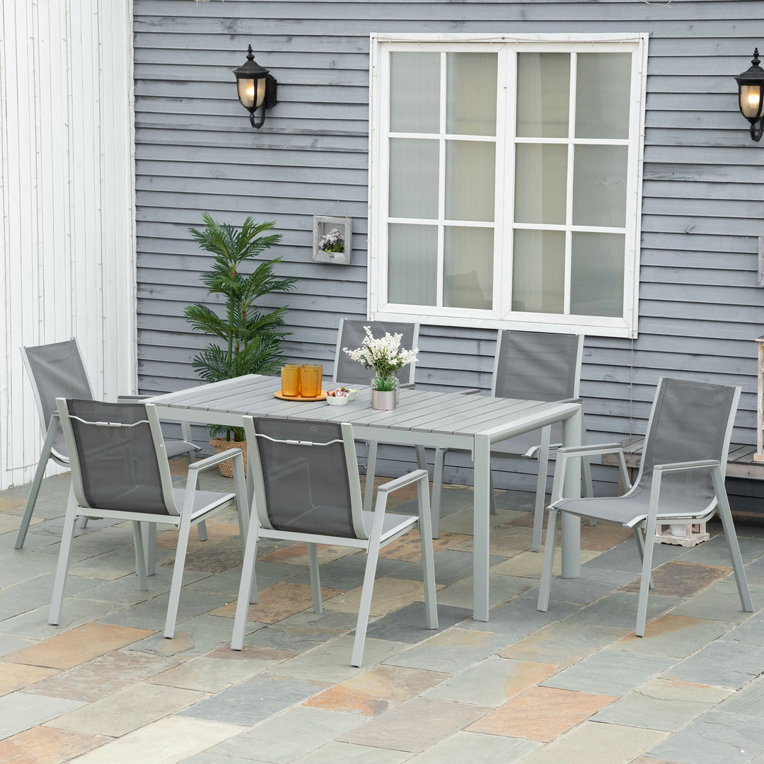 7 Pieces Garden Dining Set, Outdoor Table and 6 Armchairs, Aluminium Frame Slatted Wood Grain Plastic Top Table Mesh Fabric Seats Light Grey
