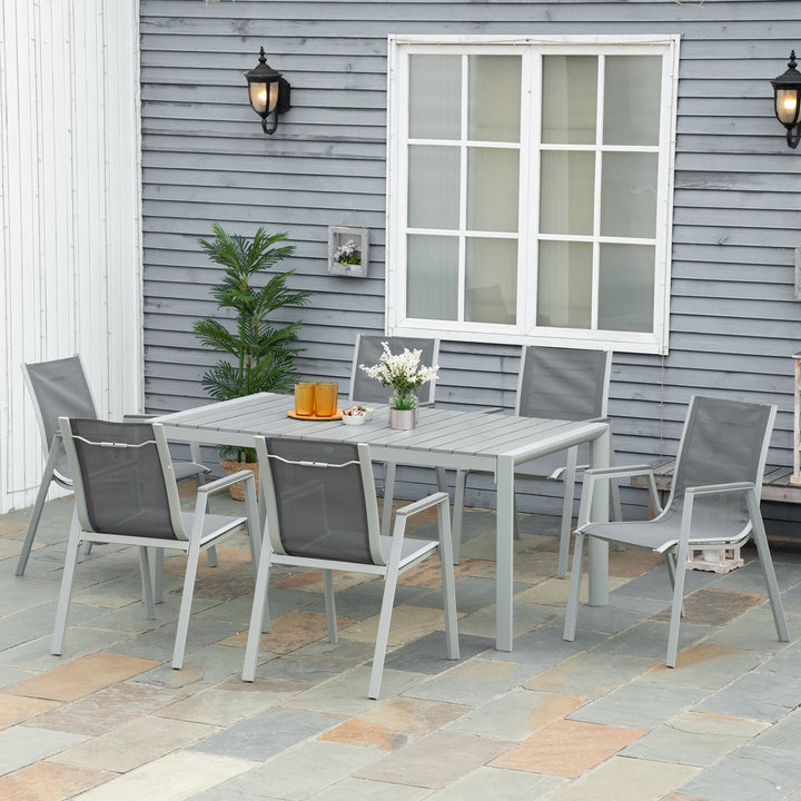 7 Pieces Garden Dining Set, Outdoor Table and 6 Armchairs, Aluminium Frame Slatted Wood Grain Plastic Top Table Mesh Fabric Seats Light Grey