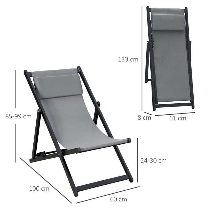 Set of 2 Folding Garden Beach Aluminium Frame Deck Chairs Deckchairs Seaside Folding Garden Patio Lounger, Grey