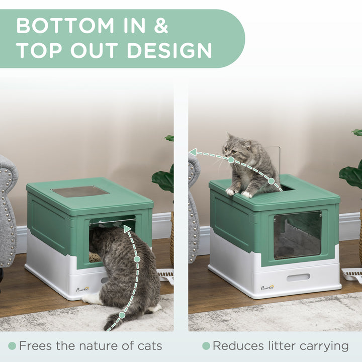 PawHut Hooded Cat Litter Box Scoop Included, Litter Tray with Front Entry Top Exit, Portable Pet Toilet with Large Space, 47.5 x 35.5 x 36.7 cm Green