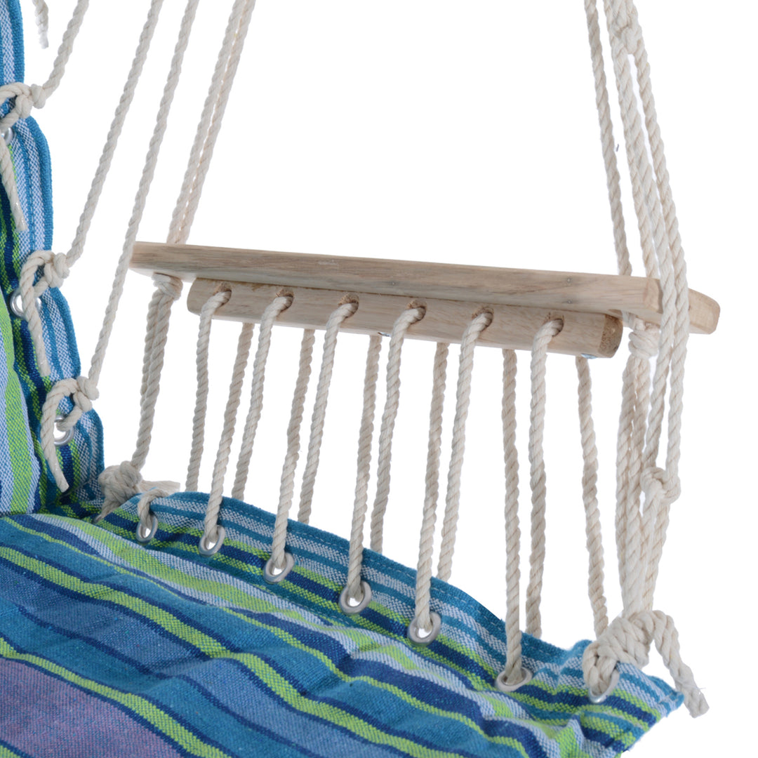 Outsunny Outdoor Hammock Hanging Rope Chair Garden Yard Patio Swing Seat Wooden w/ Footrest Armrest Cotton Cloth (Blue)