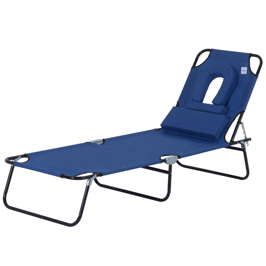 Sun Lounger Foldable Reclining Chair with Pillow and Reading Hole Garden Beach Outdoor Recliner Adjustable Blue
