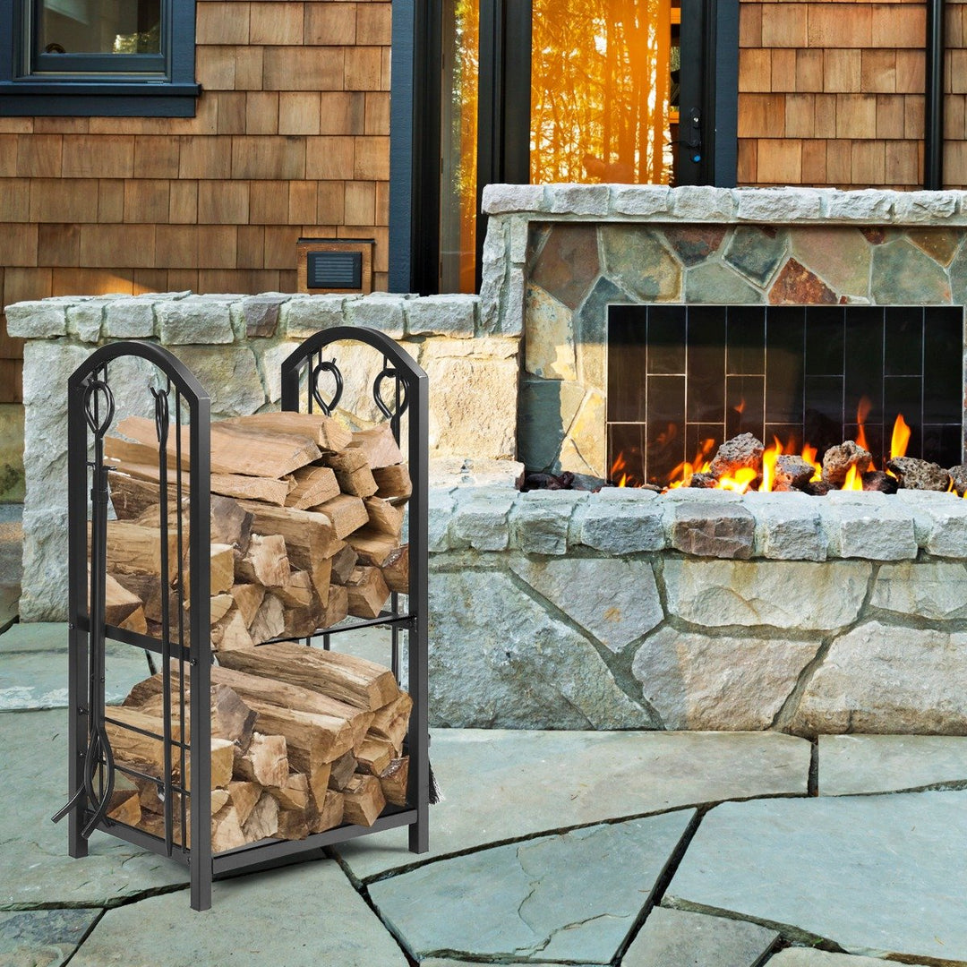 Firewood Log Rack with 4 Pieces Fireplace Tools-Black