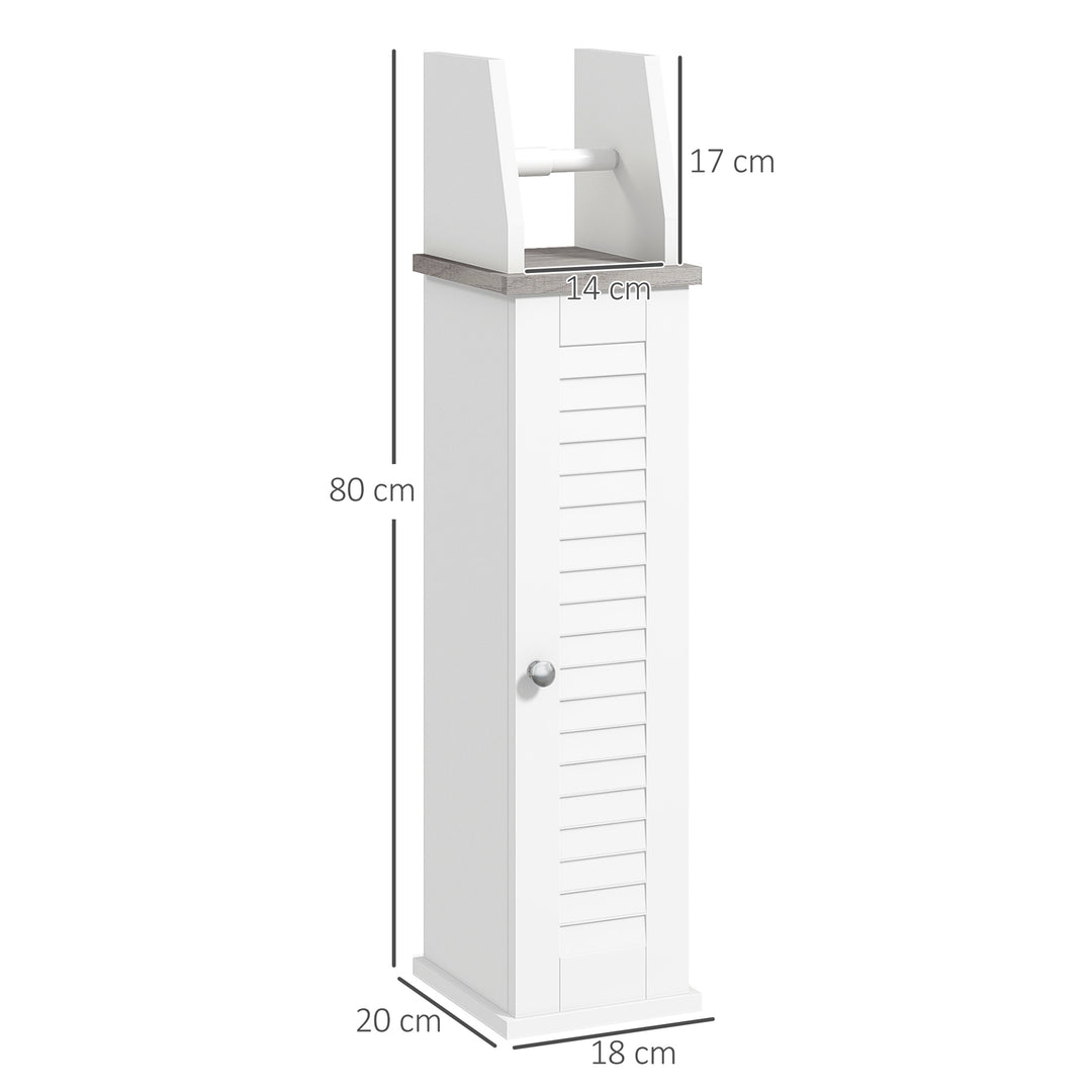 Slim Bathroom Floor Cabinet with Cupboard, Roll Holder and Adjustable Shelf, Toilet Roll Storage Unit for Toilet Paper, Shampoo, White