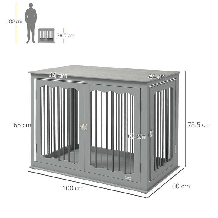 Dog Crate End Table w/ Three Doors, Furniture Style Dog Crate, for Big Dogs, Indoor Use w/ Locks and Latches - Grey