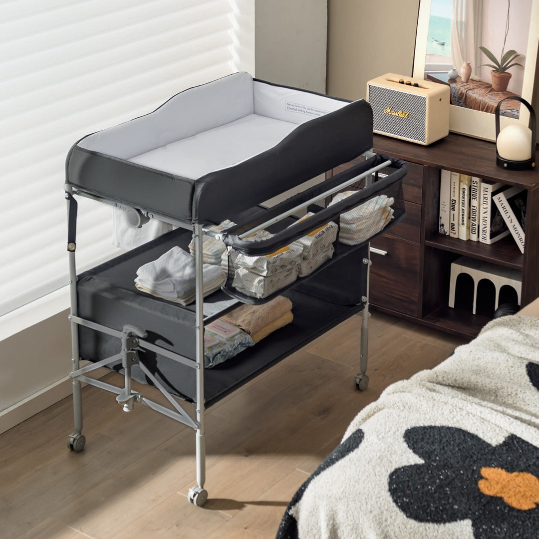 Folding Nursery Changing Table with Storage Basket-Black